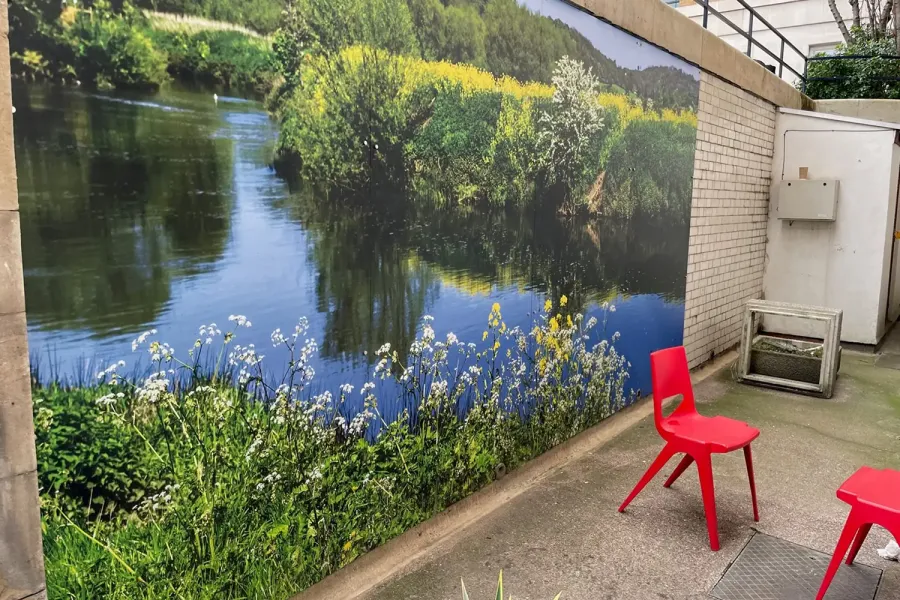 Photo of red chairs in front of a wall with a mural of a calm lake in countryside