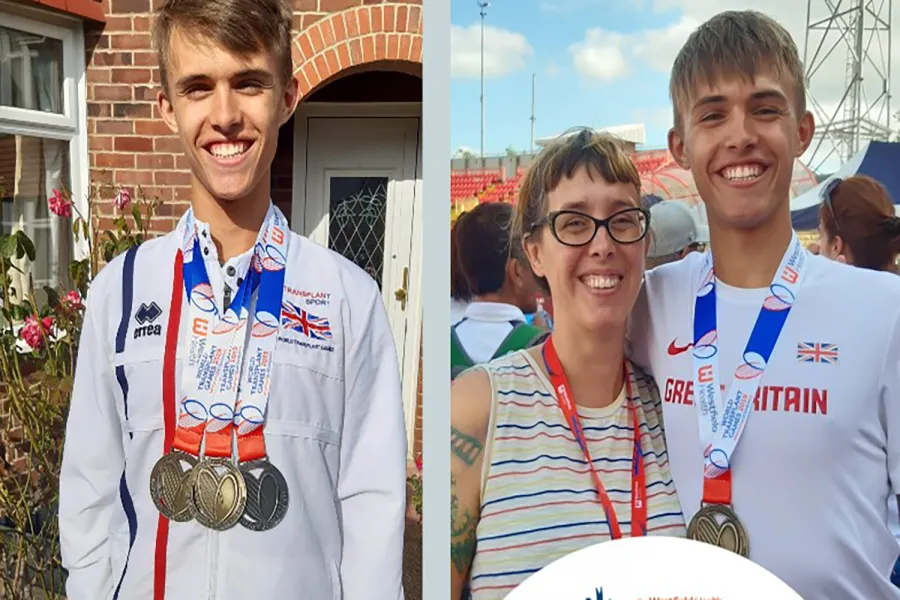Two photos of Bramble. In one photo he is wearing an Olympics uniform and smiling outside his front door, wearing three medals. In the second one he is standing alongside his mum at the games, wearing the same uniform. They are both smiling.