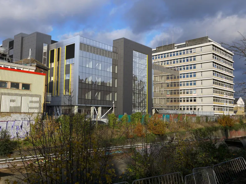 Photo of King's new critical care unit from outside - high rise buildings with sky behind