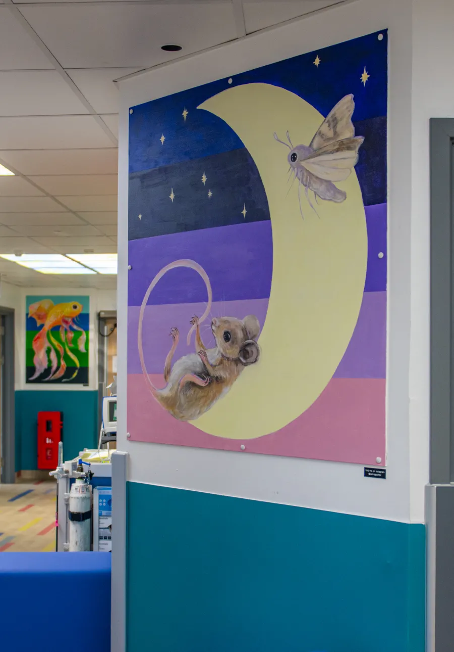A fun mural with a cat on the moon