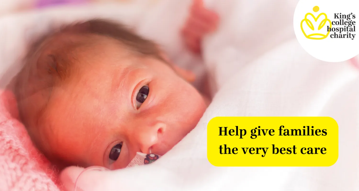 Image of a baby with a yellow text box saying Help give families the very best care