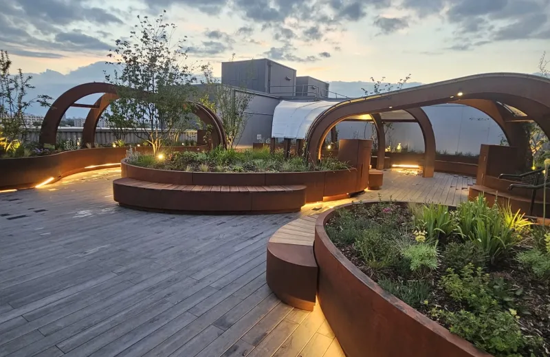 A new roof top garden for critically ill patients filled with green plants and flowers