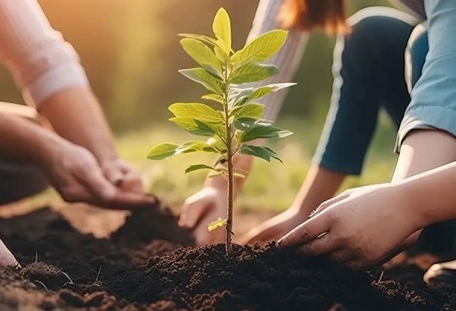 Picture of three pairs of hands planting a small shrub in earth